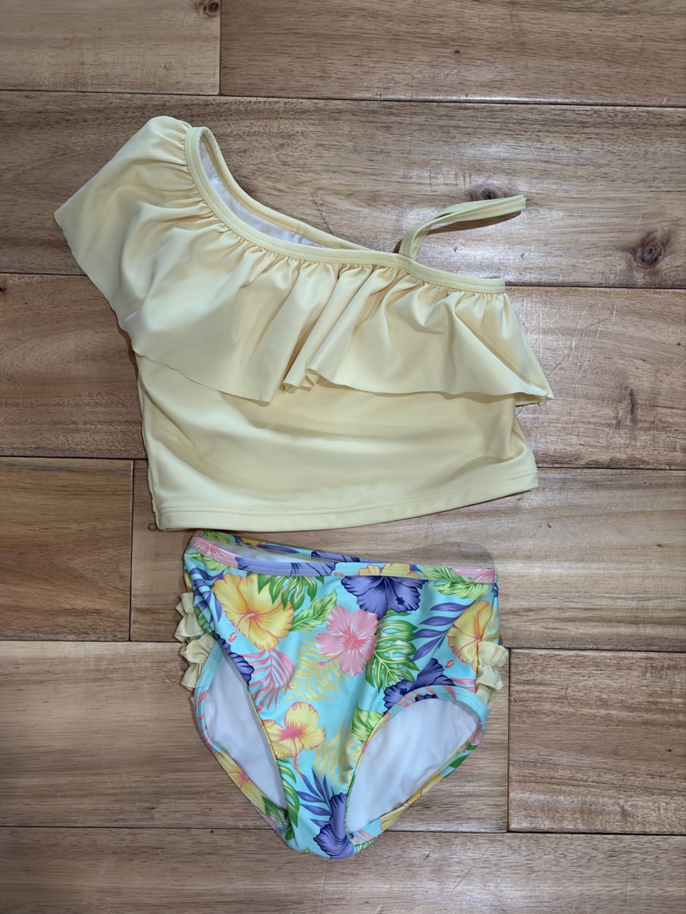 Ruffle Butts Pale Yellow Ruffle Swim Top with Pastel Accents